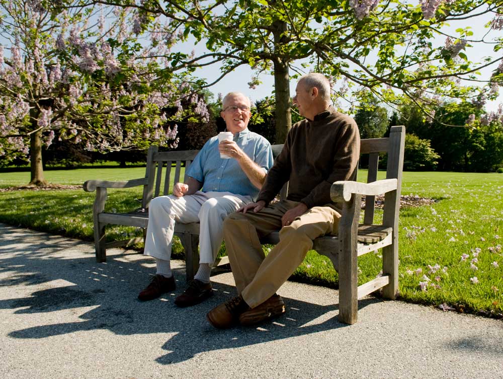 Two Men Sitting on a Bench in a Park